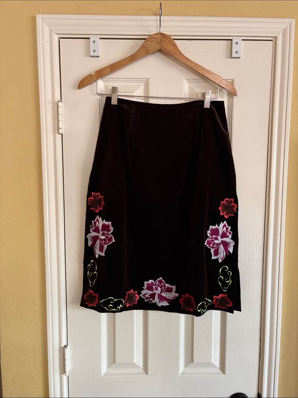 Neiman Marcus Chocolate Brown Velvet Midi Skirt with colored Floral Embroidery